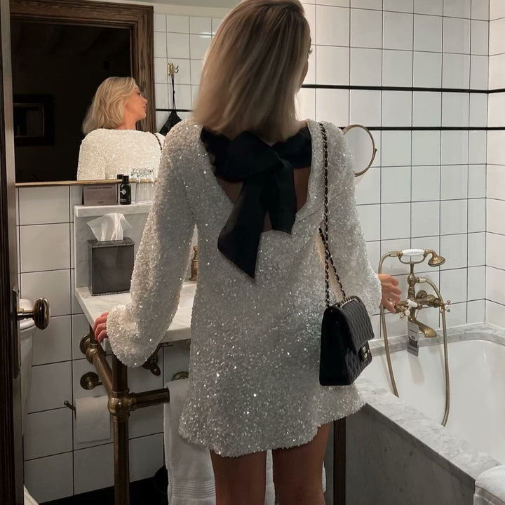 Women's Glitter Tunic with Bow Collar and Fine Sequin Structure Mune Fashion