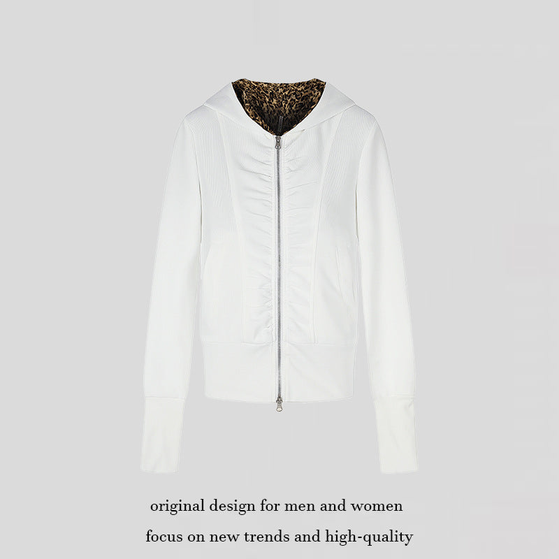 Women's Hooded Sweat Jacket with Full Zip, Gathered Front and Leopard Hood Lining Mune Fashion