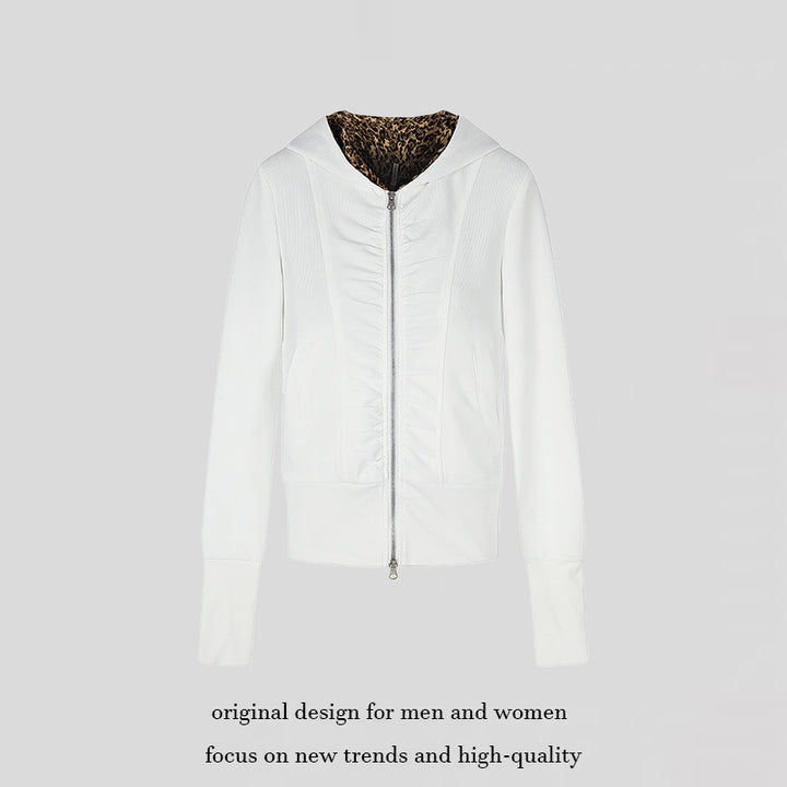 Women's Hooded Sweat Jacket with Full Zip, Gathered Front and Leopard Hood Lining Mune Fashion