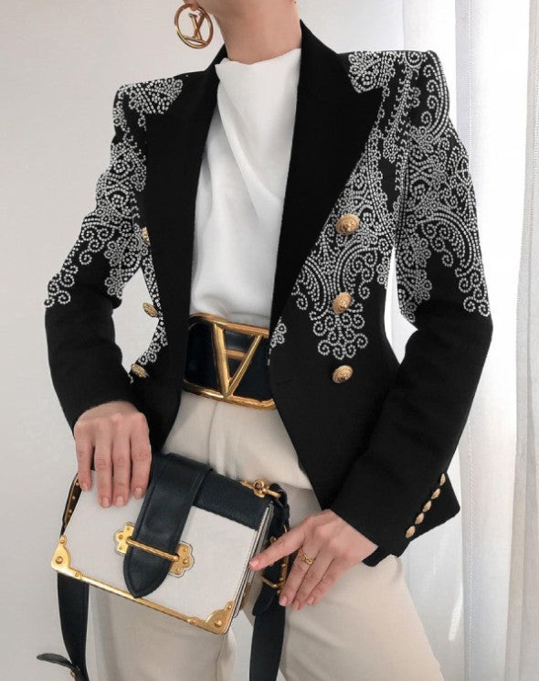 Women's Tailored Double-Breasted Blazer with Distinctive Shoulder, Gold Buttons and Glitter Ombre Mune Fashion
