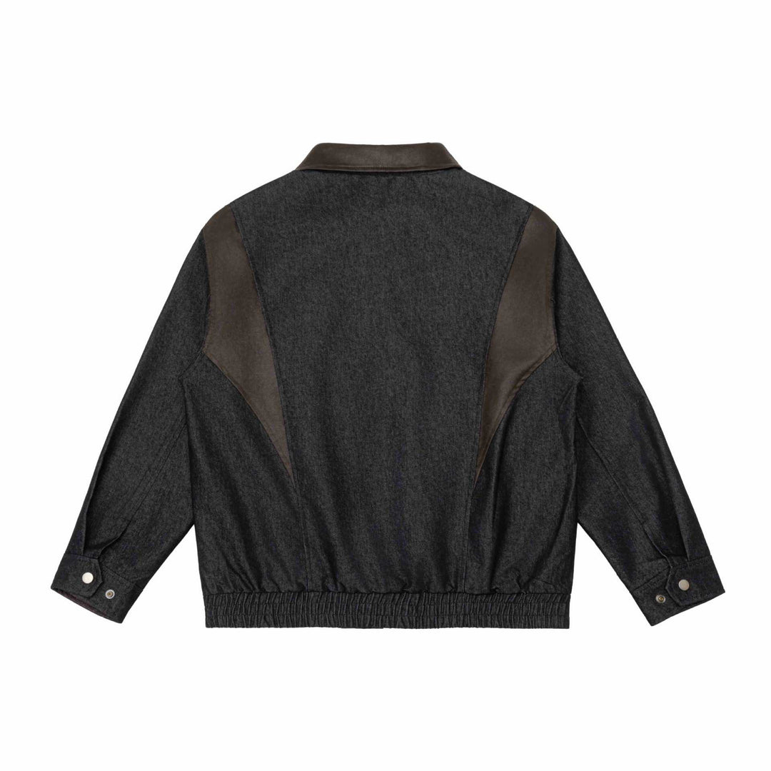 Men's short jacket in boxy cut made of wool-denim mix with leather-trimmed collar and vertical zippered chest pocket Mune Fashion