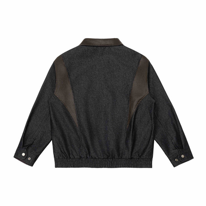Men's short jacket in boxy cut made of wool-denim mix with leather-trimmed collar and vertical zippered chest pocket Mune Fashion