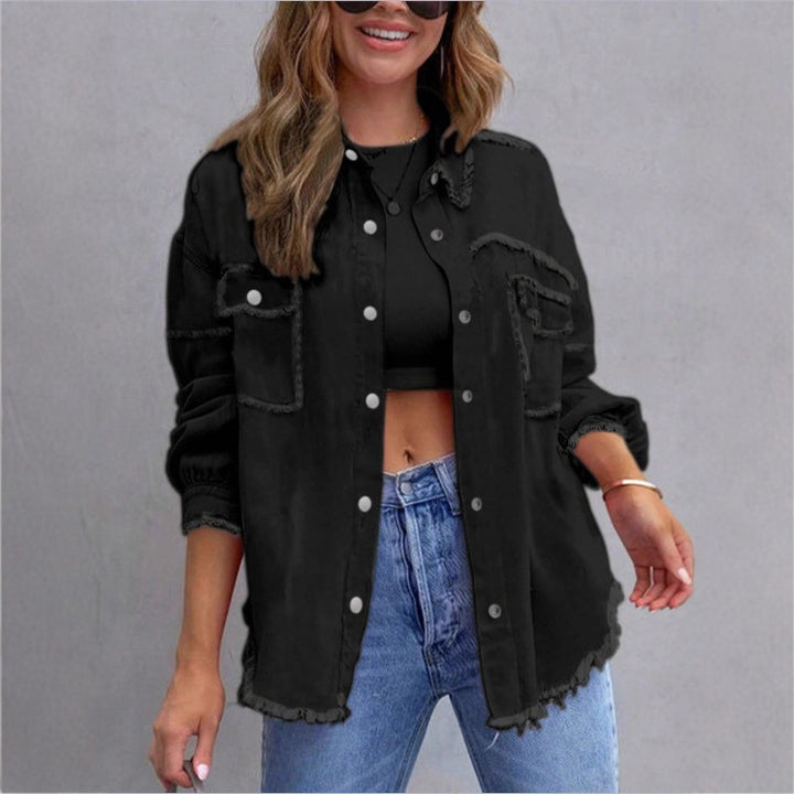 Women's Oversized Denim Utility Jacket with Frayed Edges and Flap Pockets Mune Fashion