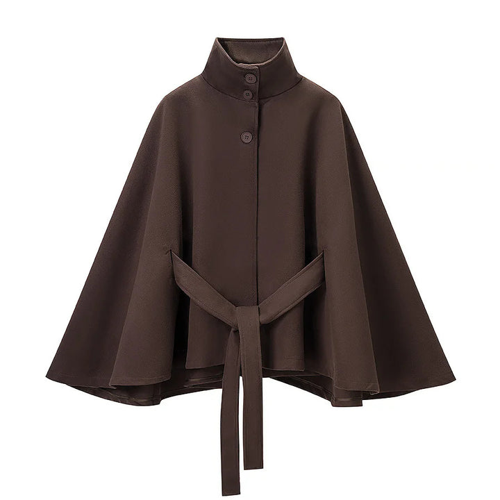 Women's tailored cape with stand collar, button closure and tie belt Mune Fashion