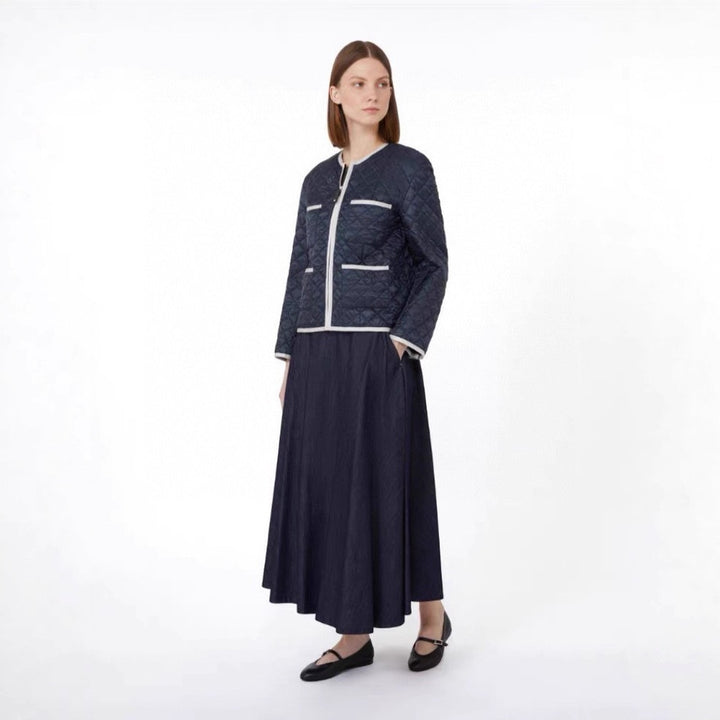 Women Lightly Quilted Short Jacket without Collar with Contrast Piping and Full-Length Zipper Mune Fashion