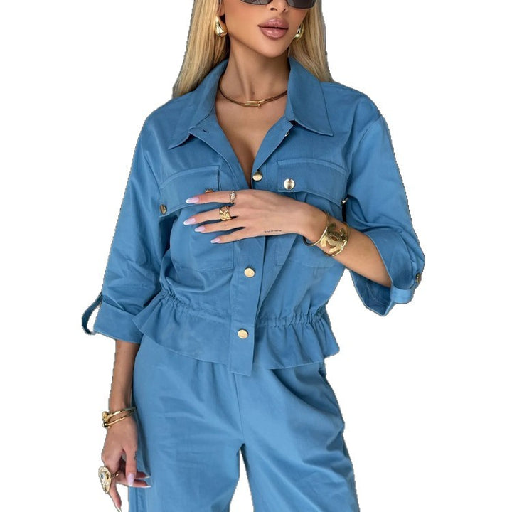 Women's Two-Piece Utility Shirt Jacket and High Waisted Pants Set with Drawstring and Gold Snap Buttons Mune Fashion