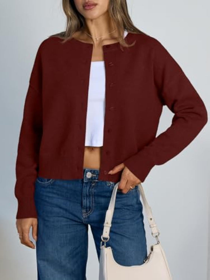 Women's Cropped Cardigan in Boxy Cut with Round Neck and Ribbed Cuffs Drune