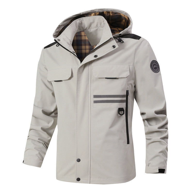 Men's Waterproof Softshell Jacket with Hood, Reflective Stripes and Checked Lining Mune Fashion
