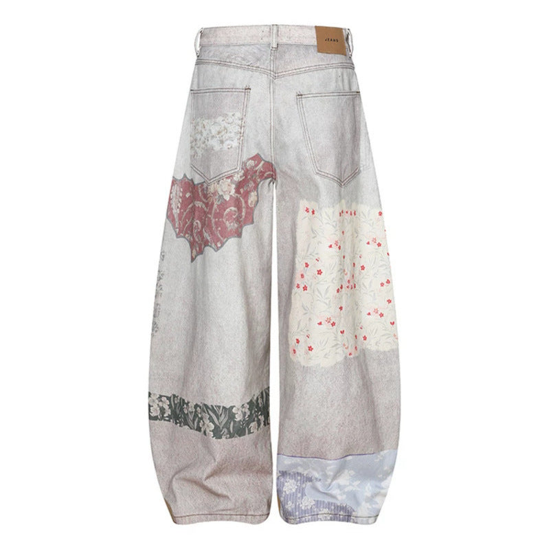 Women's Wide High-Waist Culotte Jeans with Patchwork Print and Balloon Silhouette Mune Fashion