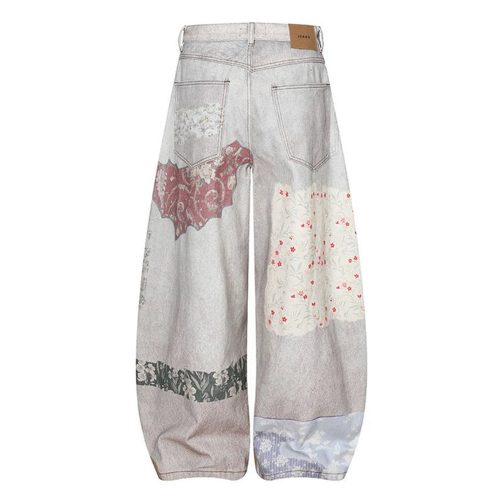 Women's Wide High-Waist Culotte Jeans with Patchwork Print and Balloon Silhouette Mune Fashion