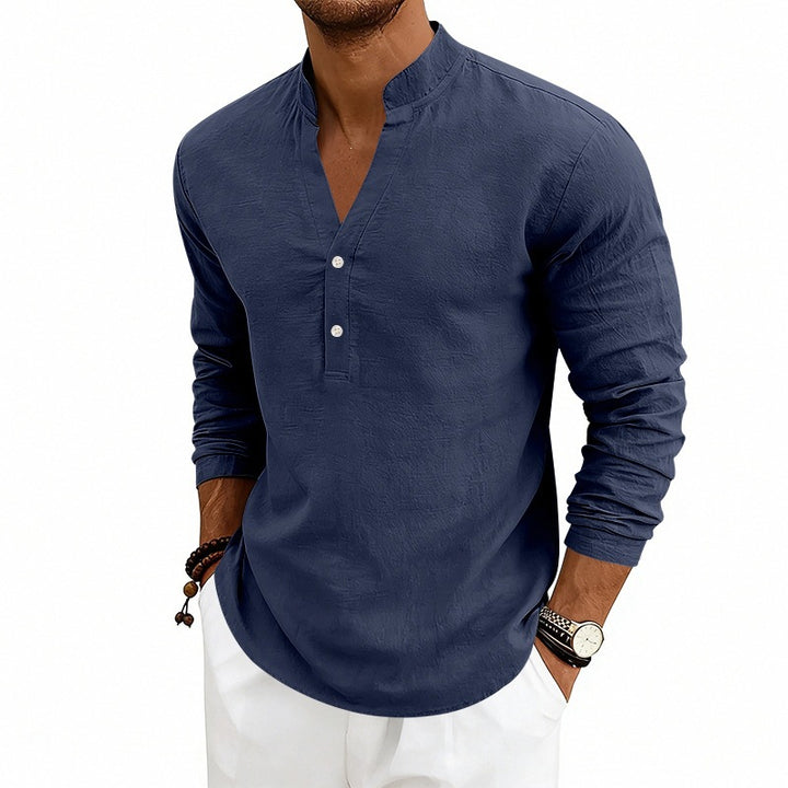 Men's Casual Long Sleeve Shirt Made of Linen with Stand-Up Collar and Short Button Placket Mune Fashion