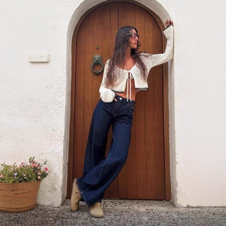 Women's ultra-wide floor-length denim palazzo pants with clean pocket cut and light stretch effect Mune Fashion