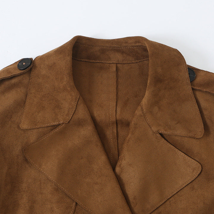 Women's Tailored Short Trench in Suede Look with Double-Breasted Button Placket and Epaulettes Mune Fashion