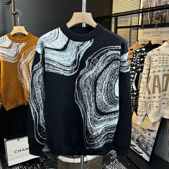 Men's chunky knit crew neck sweater with abstract marble jacquard Mune Fashion
