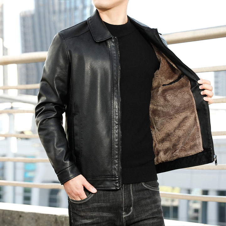 Men's Genuine Leather Blouson with Shirt Collar, Slim Fit and Concealed Zipper Mune Fashion