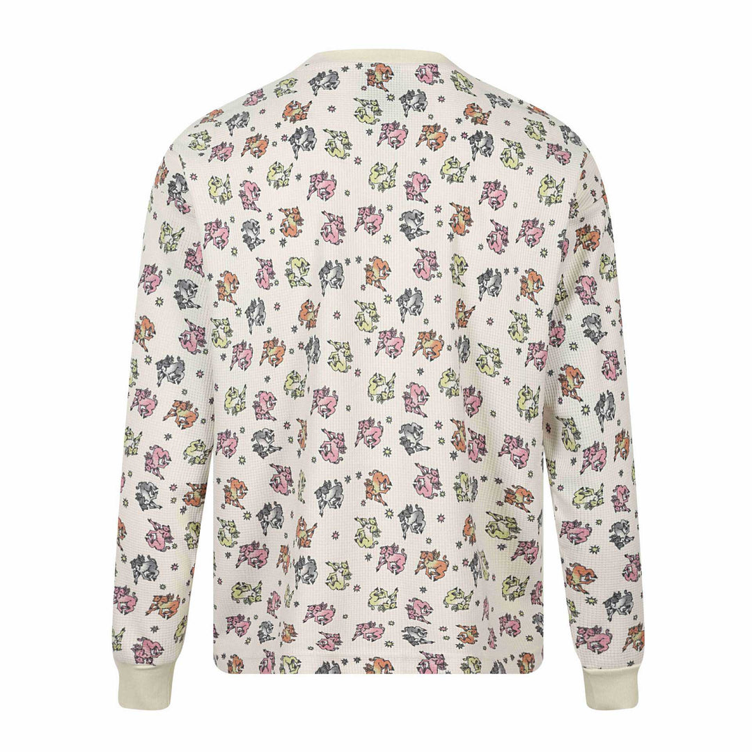 Women's waffle thermal shirt with playful all-over print and ribbed round neck
