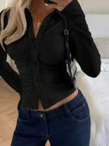 Women Tailored Buttonable Ruffle Top with V-Neck and Figure-Shaping Gather Mune Fashion