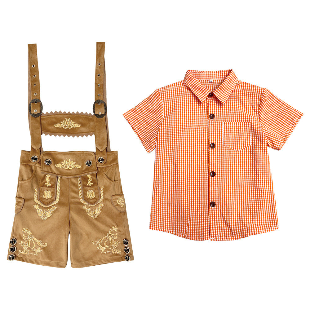 Unisex traditional children's outfit set leather shorts with embroidery and checked shirt Mune Fashion