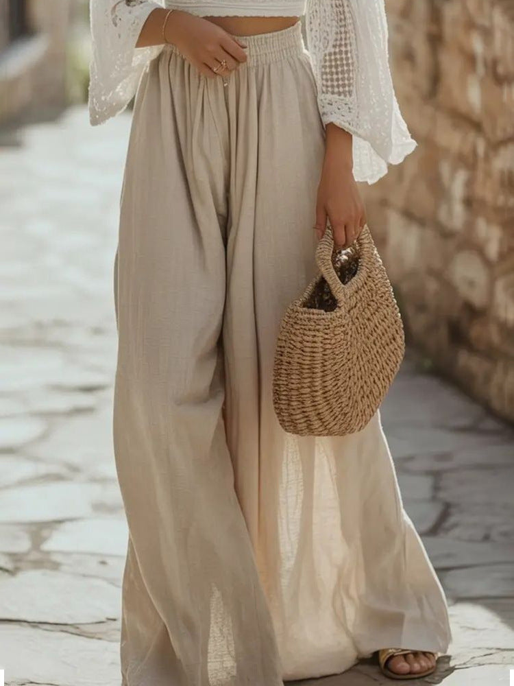 Ladies Lightweight Linen Pants with Wide Leg and Elastic Waistband Mune Fashion