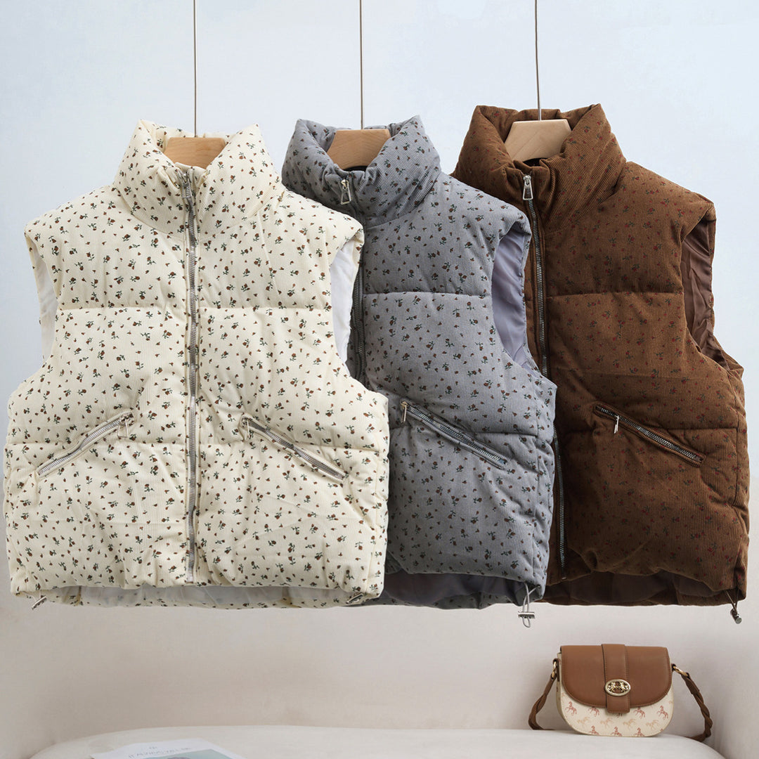 Women's Lightweight Quilted Cord Waistcoat with Stand-Up Collar and Zipper Pockets Mune Fashion