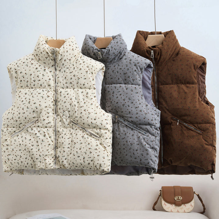 Women's Lightweight Quilted Cord Waistcoat with Stand-Up Collar and Zipper Pockets Mune Fashion