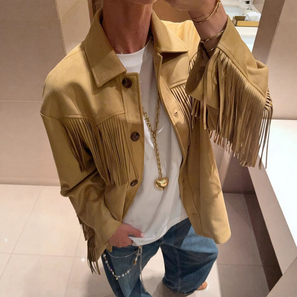 Women’s Oversize Fringe Jacket in Western Style made of Suede-Look with Shirt Collar Mune Fashion