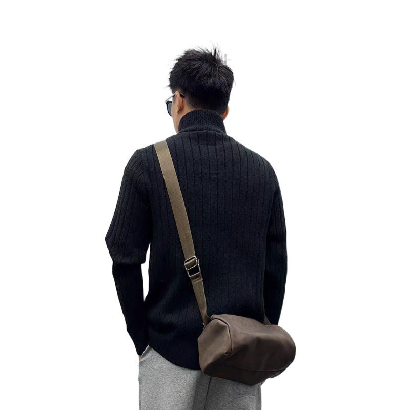 Men's finely structured cable knit cardigan with high stand-up collar and full button placket Mune Fashion