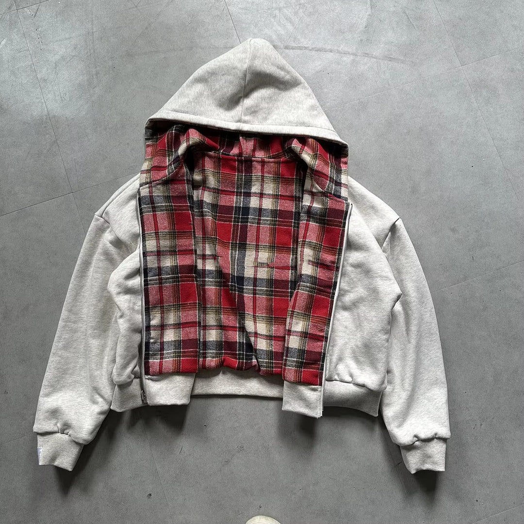 Unisex non-padded hooded jacket with checked flannel lining and zipper Mune Fashion