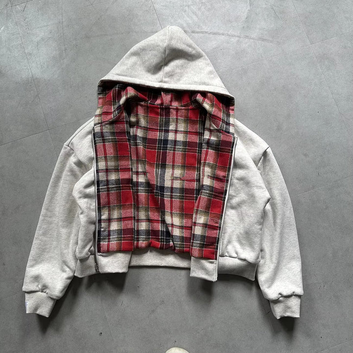 Unisex non-padded hooded jacket with checked flannel lining and zipper Mune Fashion