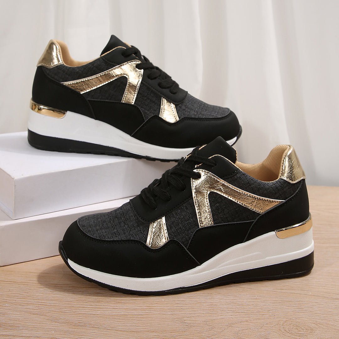 Ladies sporty wedge sneakers with padded memory footbed and elegant metallic accents Mune Fashion