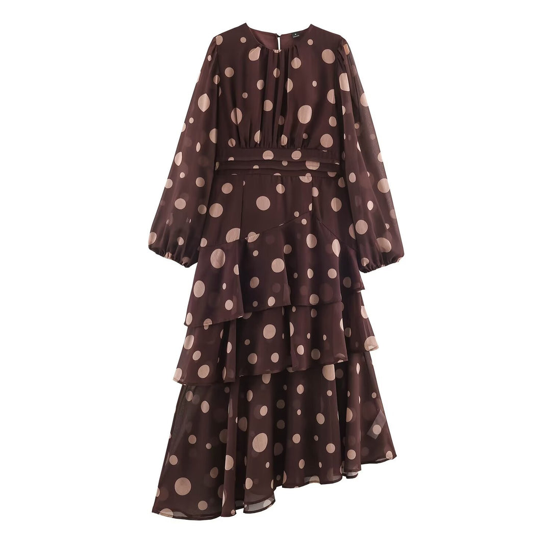 Women's Tiered Chiffon Midi Dress with Ruffles, Transparent Balloon Sleeves and Polka Dot Print Mune Fashion