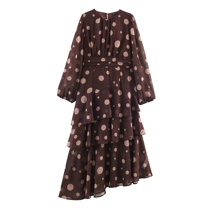 Women's Tiered Chiffon Midi Dress with Ruffles, Transparent Balloon Sleeves and Polka Dot Print Mune Fashion