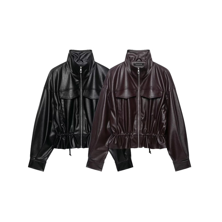 Women's cropped faux leather bomber jacket with drawstring waist Mune Fashion