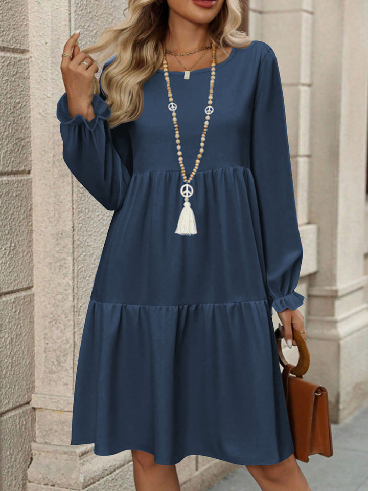 Women Loose Midi Dress in Tiered Look with Gathered Waist Yoke and Ruffle Cuffs Mune Fashion