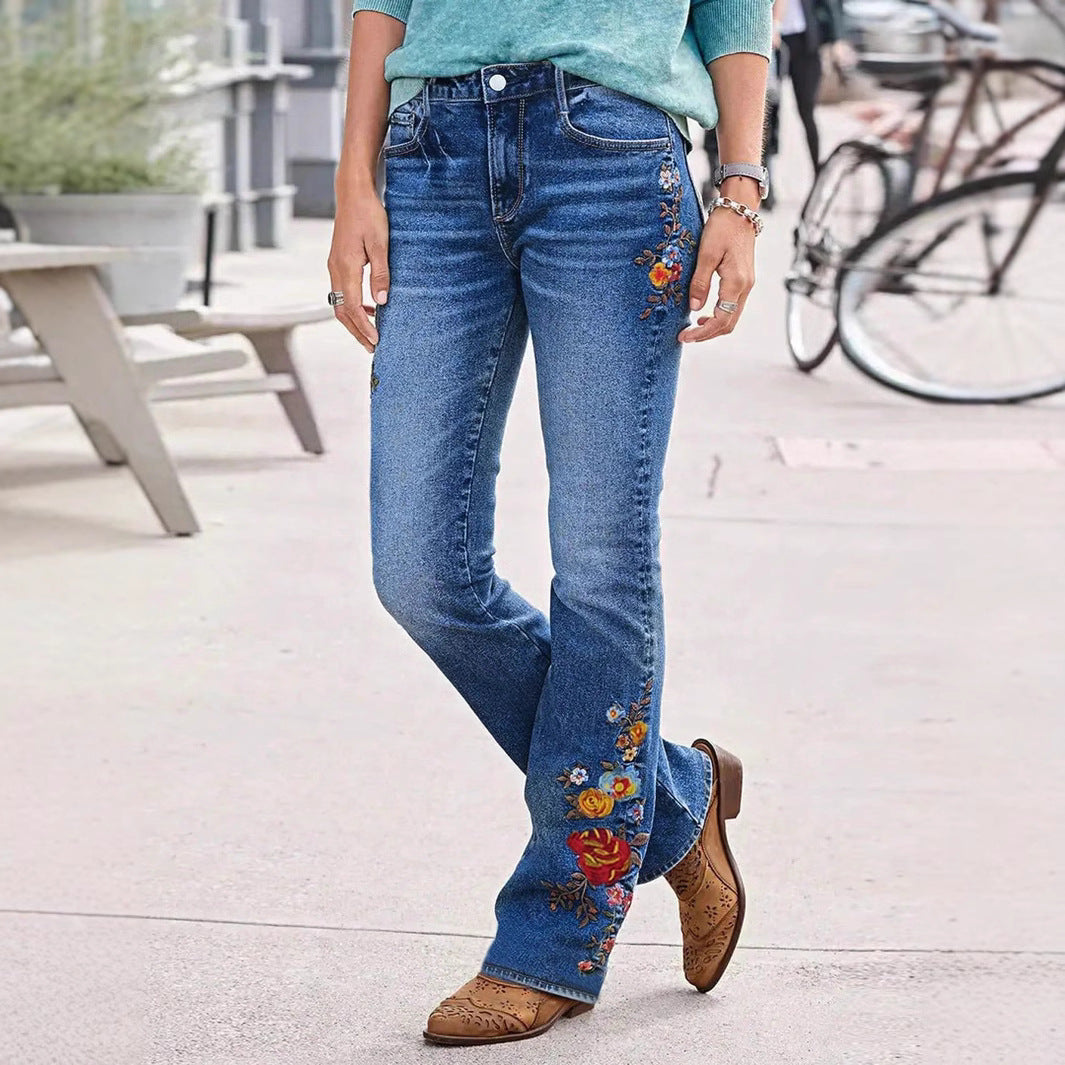 Women's Bootcut Jeans with Side Floral Embroidery and Comfortable Stretch Waistband Mune Fashion
