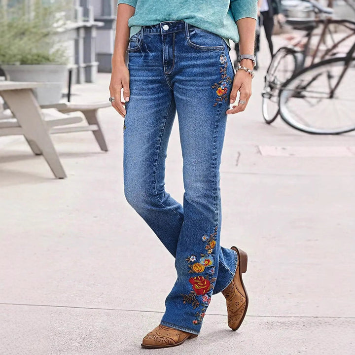 Women's Bootcut Jeans with Side Floral Embroidery and Comfortable Stretch Waistband Mune Fashion