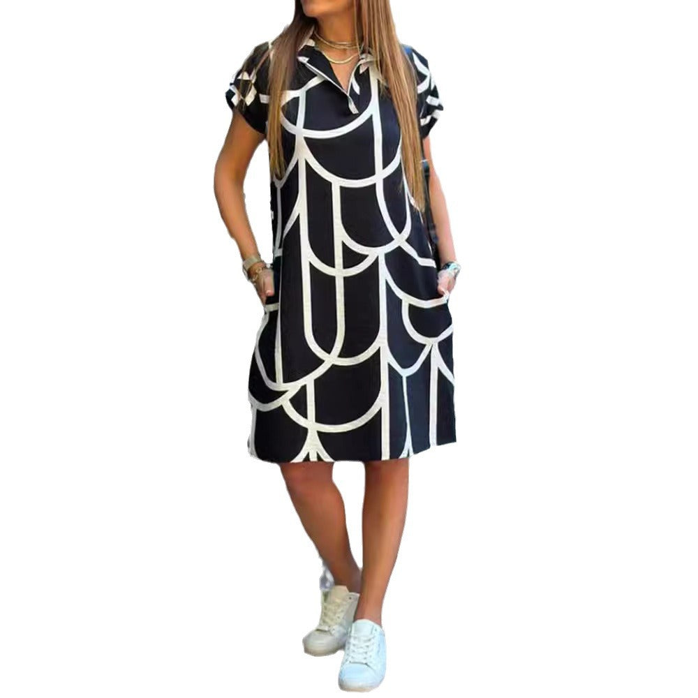Ladies' geometric shift dress with polo collar and rolled-up short sleeves Mune Fashion