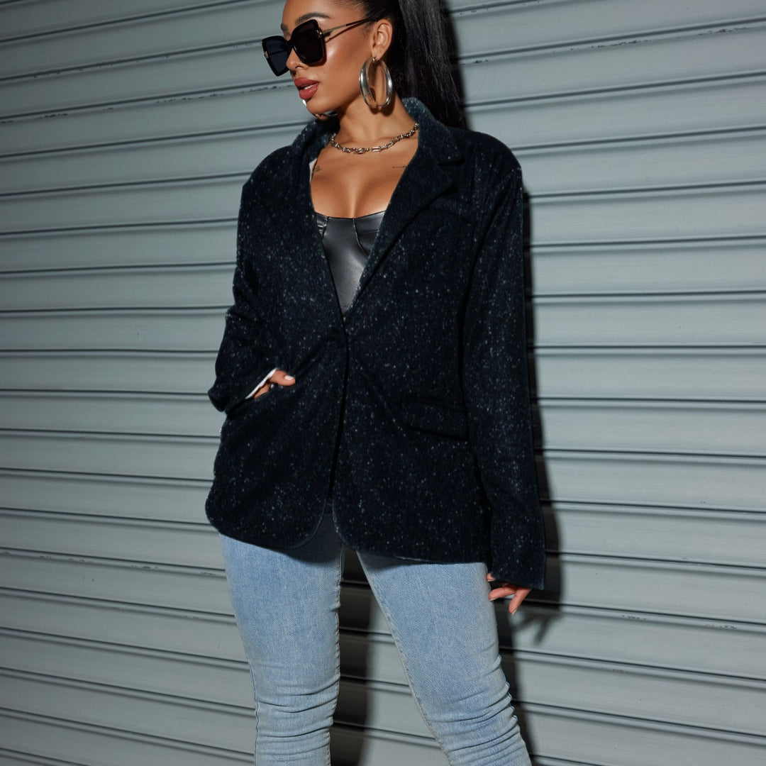 Women Glittering Oversized Blazer with Flap Pockets & Shimmering Texture Mune Fashion