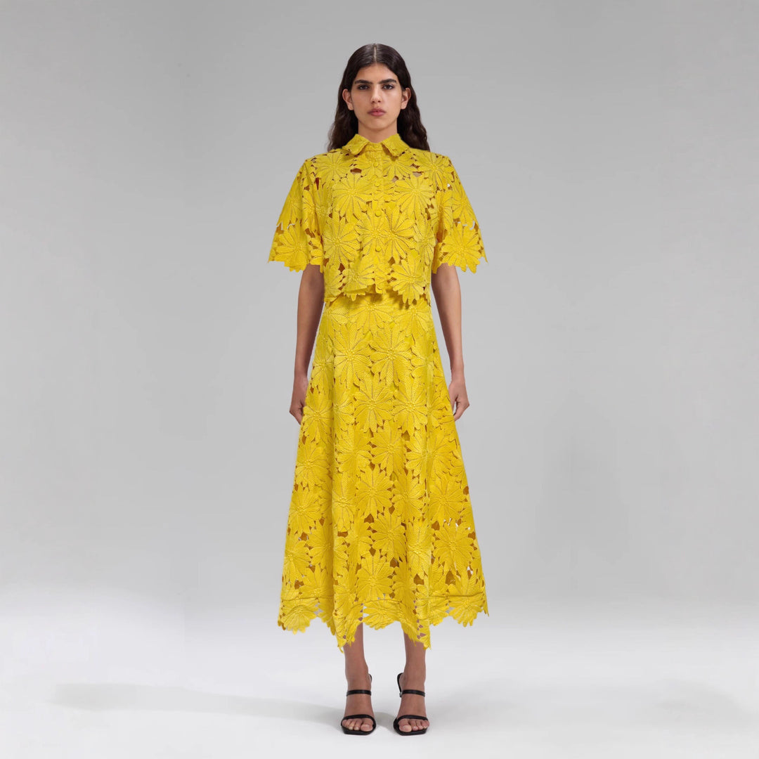 Ladies two-piece crochet lace set with shirt collar, short sleeves, and flared midi skirt Mune Fashion