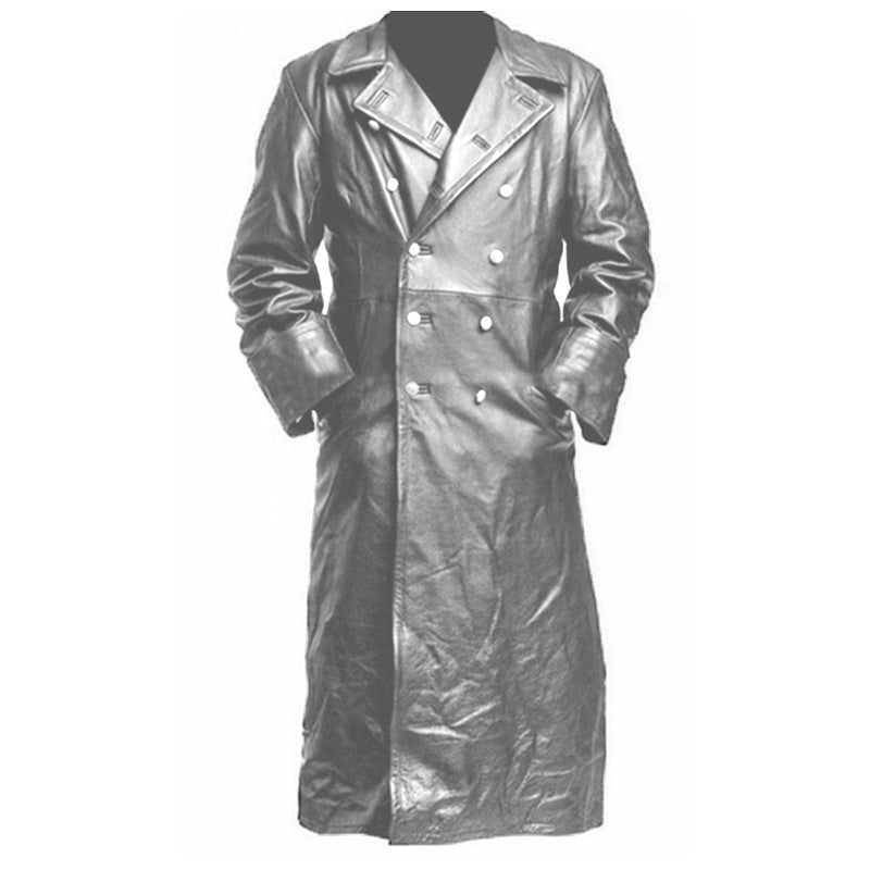 Men's Long Shiny Faux Leather Trench Coat with Double Breasted and Distinctive Lapel Mune Fashion
