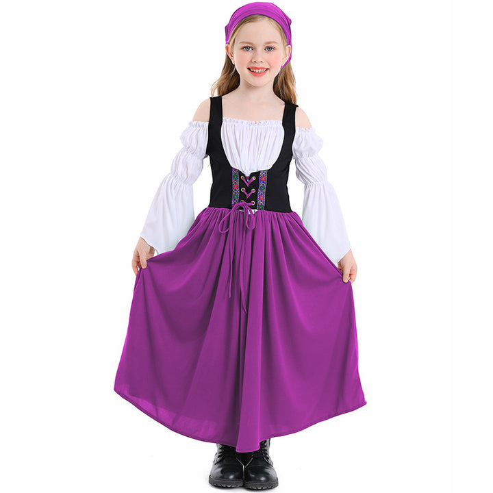 Ladies medieval girl costume with laced bodice and headscarf Mune Fashion