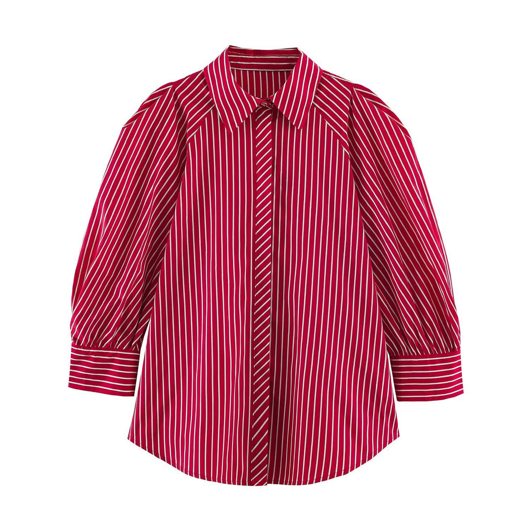 Women's Striped Oversized Shirt Blouse with Emphasized Puff Sleeves Drune