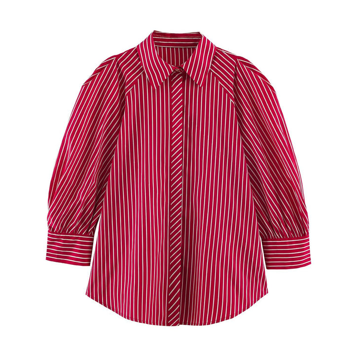 Women's Striped Oversized Shirt Blouse with Emphasized Puff Sleeves Drune