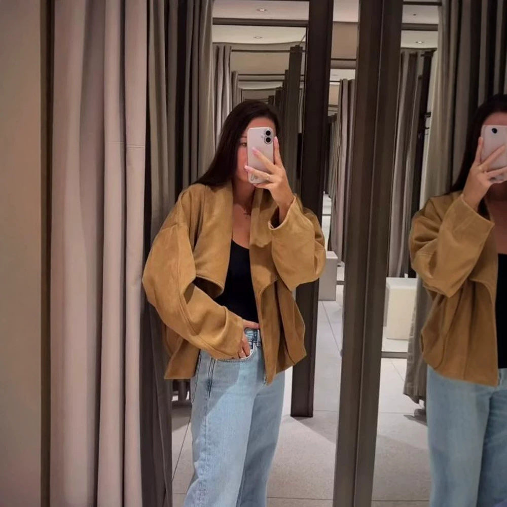 Womens Oversized Velvet Waterfall Jacket with boxy Cropped Silhouette and concealed Placket