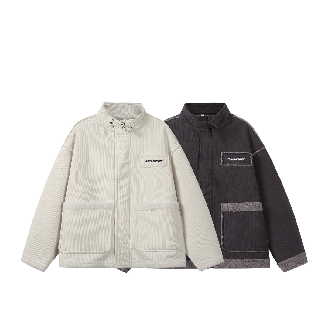 Unisex Short-cut Cord Jacket with Teddy Trim and Funnel Neck Mune Fashion