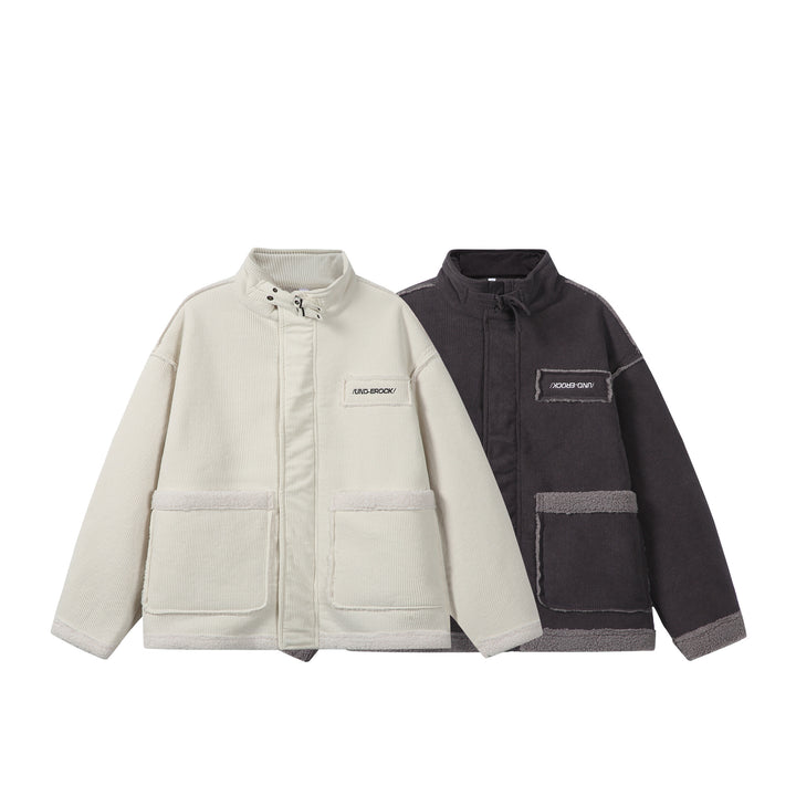 Unisex Short-cut Cord Jacket with Teddy Trim and Funnel Neck Mune Fashion
