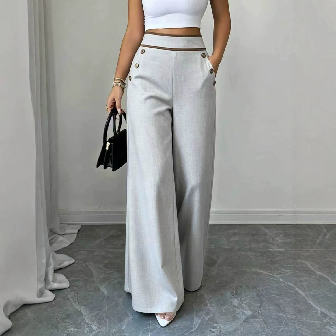 Women's High-Waisted Palazzo Pants with Decorative Buttons and Wide Legs Mune Fashion