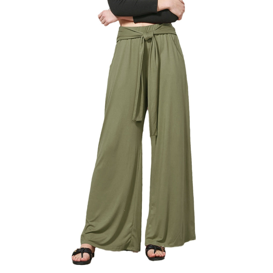 Women Wide Jersey Pants with High Waist and Tie Belt Mune Fashion