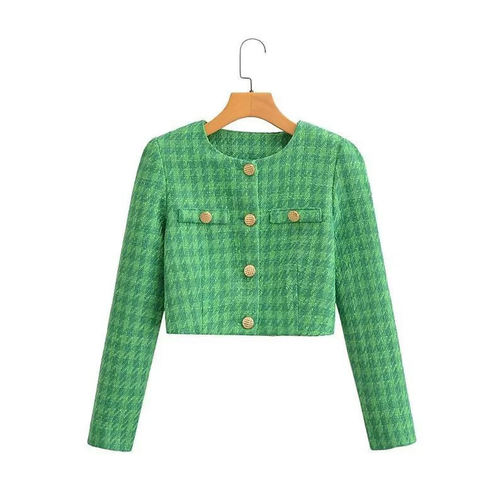 Women's short blazer made of bouclé tweed with a boxy cropped silhouette and collarless design Mune Fashion