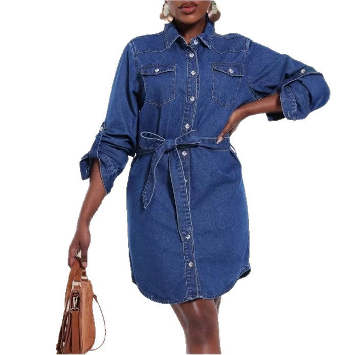 Women's denim shirt dress with waist belt and patch breast pockets Mune Fashion